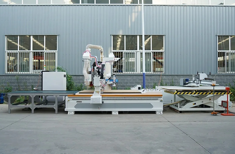  Wood Panel MDF Nest-Cutting CNC Router with Labeling Machine, Drilling Bank, Slot Cutting Saw