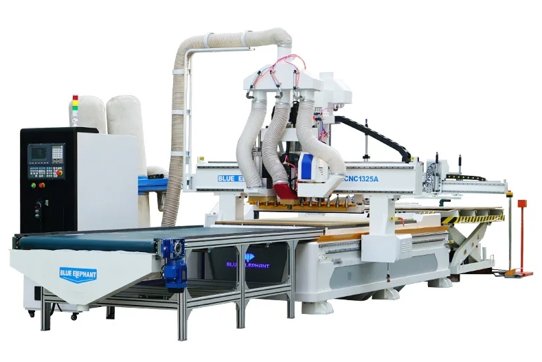  Wood Panel MDF Nest-Cutting CNC Router with Labeling Machine, Drilling Bank, Slot Cutting Saw